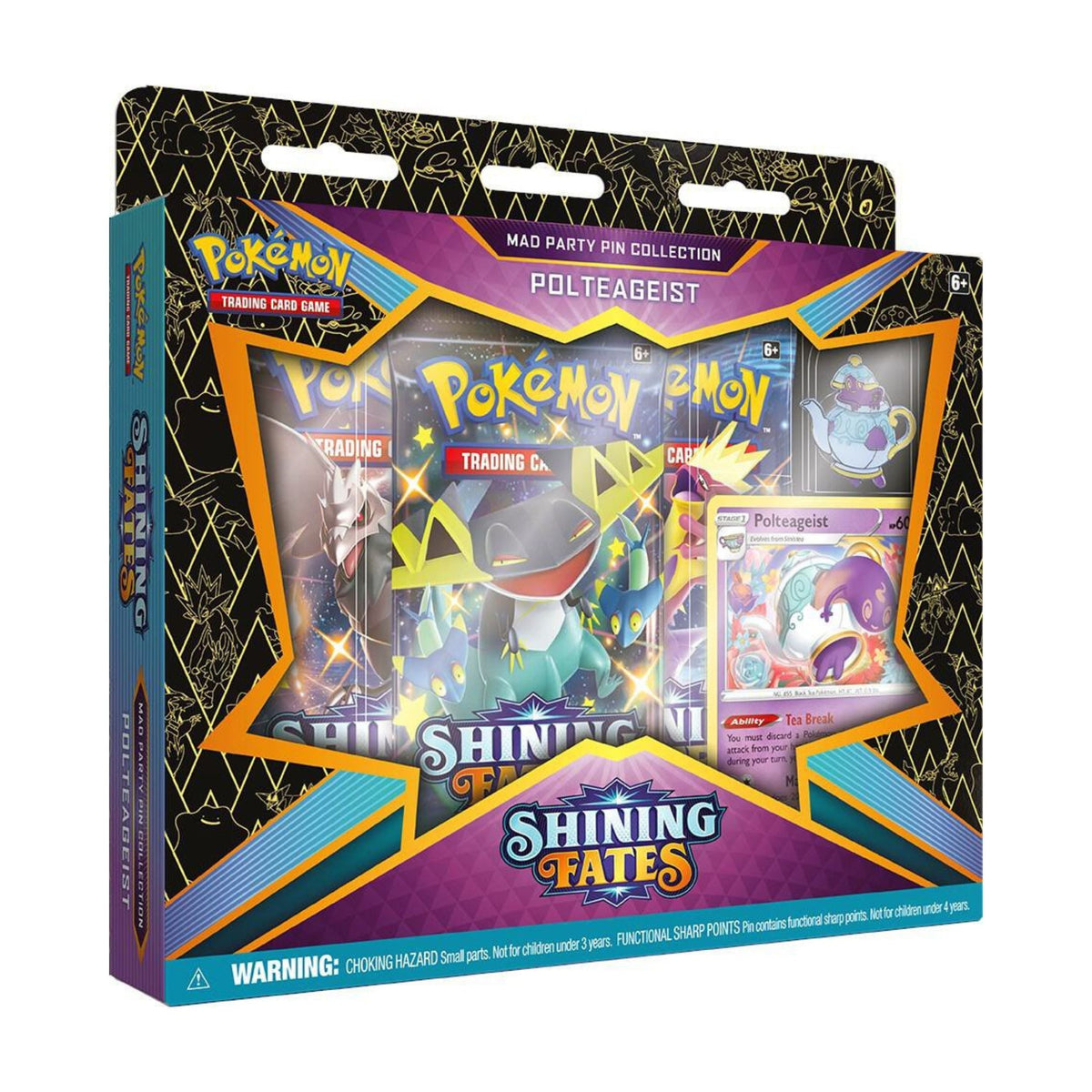 Pokemon TCG Shining Fates Mad Party Pin Collection Polteageist Cards Packs Set