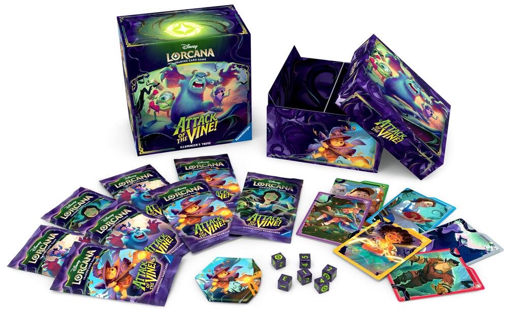 Disney Lorcana Attack of the Vine! Illumineer’s Trove Trading Card Game Box with 8 Booster Packs, Card Storage Box, Dice & Lore Counter