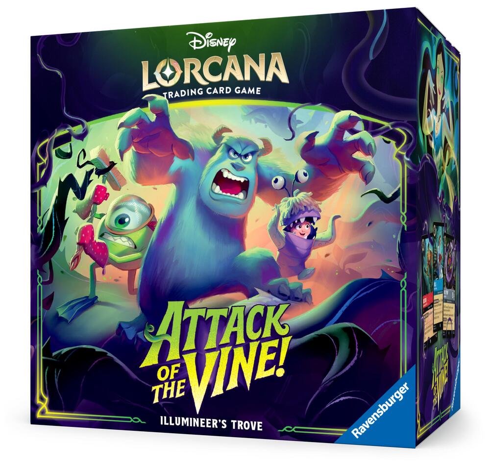 Disney Lorcana Attack of the Vine! Illumineer’s Trove Trading Card Game Box with 8 Booster Packs, Card Storage Box, Dice & Lore Counter
