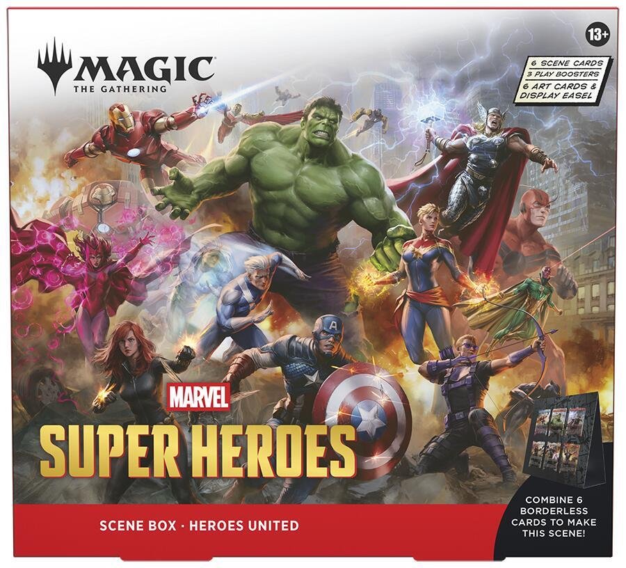 MTG Marvel Super Heroes Scene Box - Heroes United | Play Boosters, Foil Scene Cards, Art Display Cards & Easel for Collectors and Magic Players
