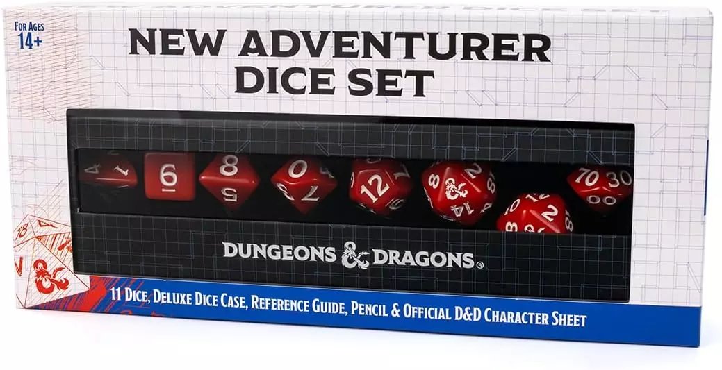 Sirius Dice Dungeons & Dragons New Adventurer's Red Dice Set – 11 Dice, Deluxe Dice Case, Reference Guide, Pencil, and Official D&D Character Sheet