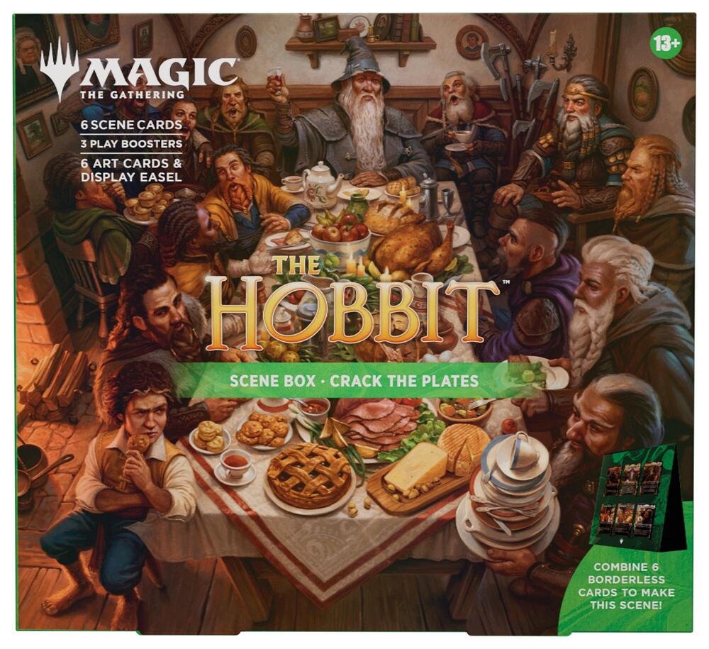 Magic: The Gathering The Hobbit Crack the Plates Scene Box | 3 Play Boosters, 6 Traditional Foil Scene Cards, 6 Art Cards & Display Easel | Middle-earth Collectible MTG Set
